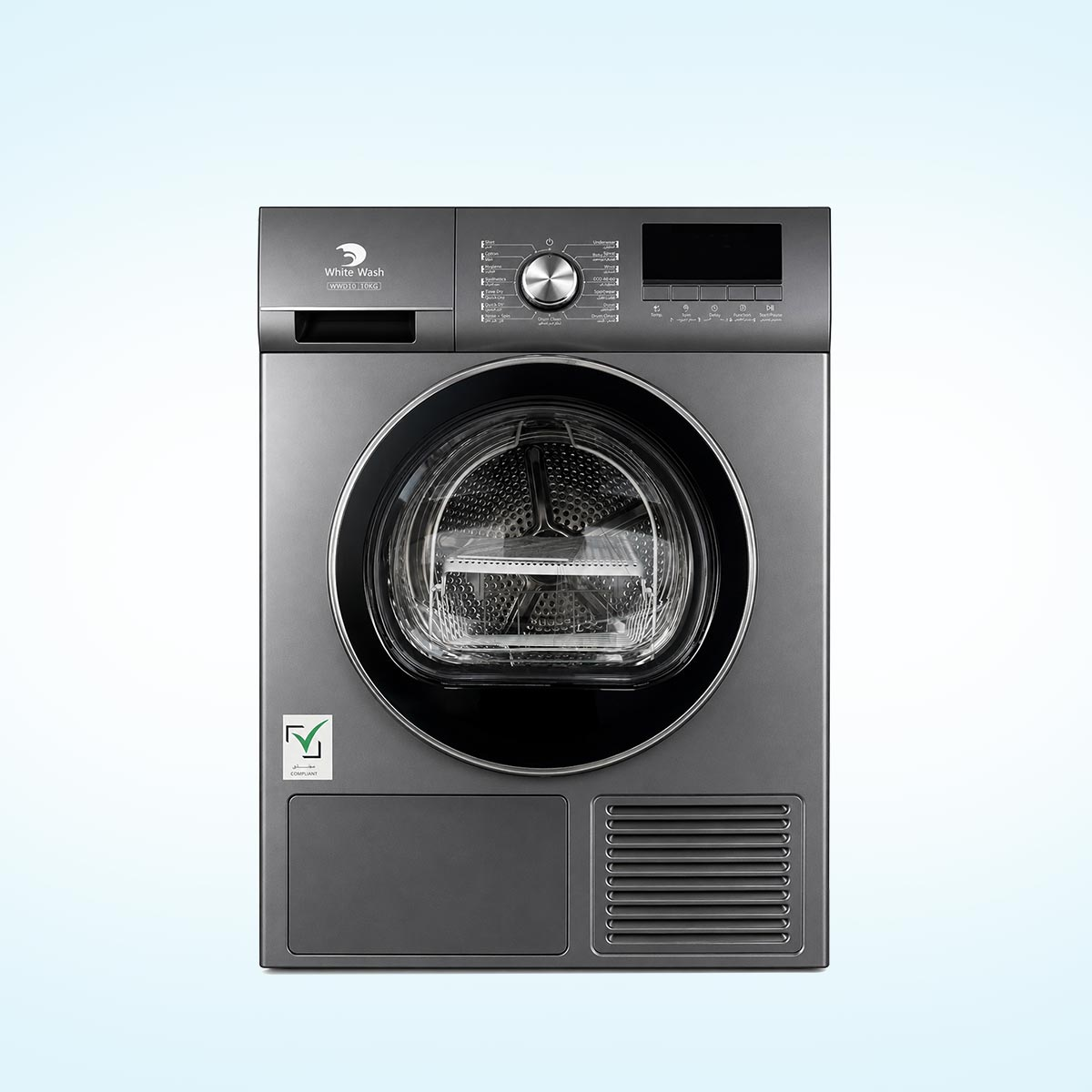 White Wash WWD10 10 kg heat pump tumble dryer in graphite finish with LED display
