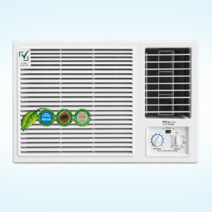 White Cool WCW18CH 1.5 ton window air conditioner with front ventilation grille and manual control knobs