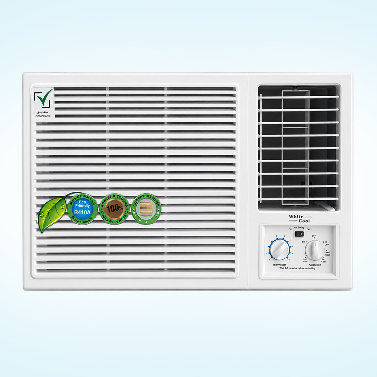 White Cool WCW18CH 1.5 ton window air conditioner with front ventilation grille and manual control knobs